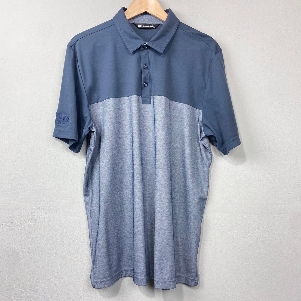 Travis Mathew Golf Polo Shirt Sz‎ L Blue Gray Knit Genesys Field Operations Logo